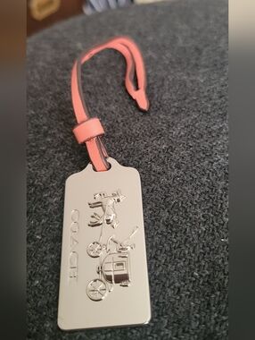 NEW COACH Coach And Horses Silver Tag Bag Charm with Coral Leather Strap